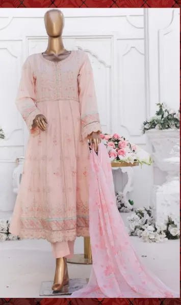 Pakistani Original Bin Saeed Luxury Stitched Cotton Gown 3 Pcs _ Peachy Pink 